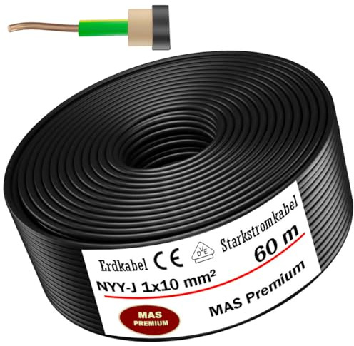 MAS Premium 5-100m Erdkabel Starkstromkabel NYY-J 1x4, 6, 10, 16 oder 25 Elektrokabel OFC Ring zur Verlegung im Freien, Erdreich (NYY-J 1x10 mm², 60m)