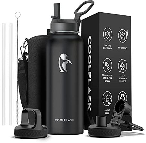 Coolflask 1180ml Insulated Water Bottle with Straw & 3 Lids, Metal Water Bottle for Sports or Office, Double Vacuum Leak Proof Cold and Hot Water Bottle, Easy to Clean, Black