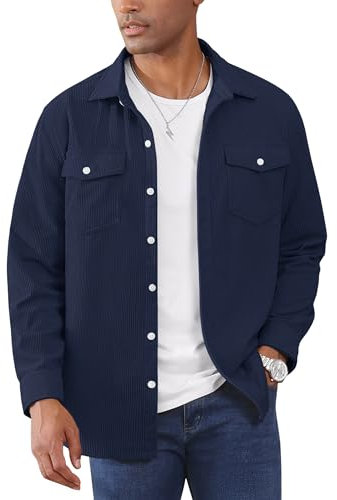EKLENTSON Chaqueta para Hombre de Pana de Camisas de Manga Larga Acanalado Ligero Verano Camisa Chaqueta Azul Marino XXL