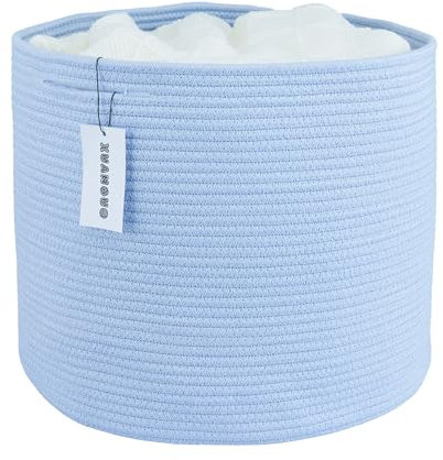 XUANGUO Baumwollseilkorb für Mädchen, Jungen, Kinder, 40,6 x 35,6 cm, Baby-Wäschekörbe, rund, gewebter Korb zur Aufbewahrung von Spielzeug, Decken, Schuhen, Kleidung, blau