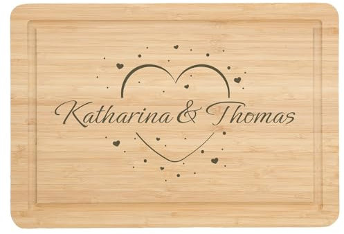 Personalisiertes Schneidebrett aus Bambus für Brautpaar Hochzeitsgeschenk mit Gravur Geschenk zur Hochzeit für Hochzeitspaar mit Name und Datum nach Wunsch - Motiv: Namen im Herz