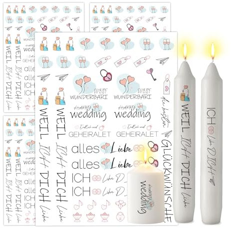 ALLAVA 4 Stück Kerzenattoos Kerzen Tattoo Hochzeit Wasserschiebefolie, Kerzenfolie Kerzentattoo Lieblingsmensch Sprüche für Kerzen und Keramik (19x14cm, Hochzeit E)