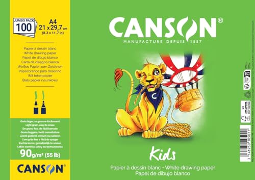 CANSON Kids, weißes Zeichenpapier, leichte Körnung, 90 g/m², Blatt, A4-21 x 29,7 cm, Weiß, 100 Blatt