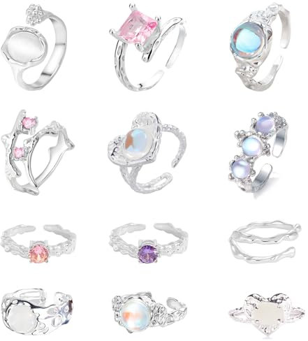 Hifot 12 Stück Y2K Ringe für Damen Mädchen Gothic Opal Ring Silber Set Einstellbare Punk Ringe Grunge Vintage Ringe Mondstein Stern Herz Y2K Accessoires Schmuck