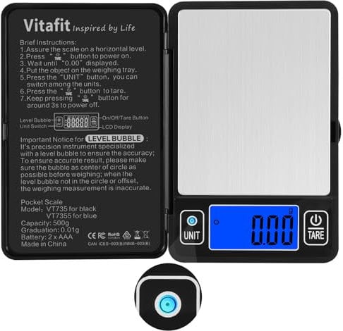 Vitafit 500g Digital Gram Scales in 0.01g, High Accuracy Assured by Built-in Level Bubble, Scale Professional SINCE 2001, Pocket Scales for Multi-function: Kitchen, Food, Jewellery, Lab, Coffee, Black