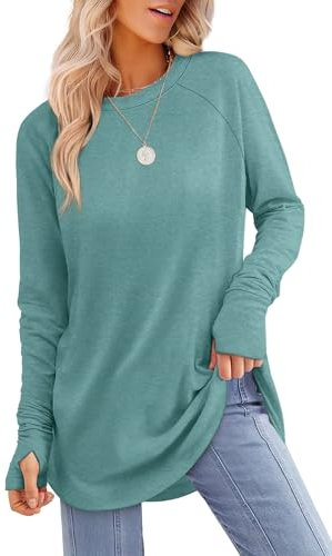 Aokosor Womens Tunic Tops for Leggings Ladies Loose Fit Jumpers Long Sleeve Sweatshirts Thumbholes Curved Hem Size 10-12 Turquoise Green