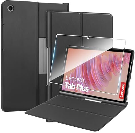 Heioloo Coque pour Lenovo Tab Plus Housse Protection Etui PU Cuir de Flip Case Cover + [1 Pièces] Verre Trempé Protection écran [Veille/Réveil Automatique] [Support Fonction] [Ultra Fin] Noir