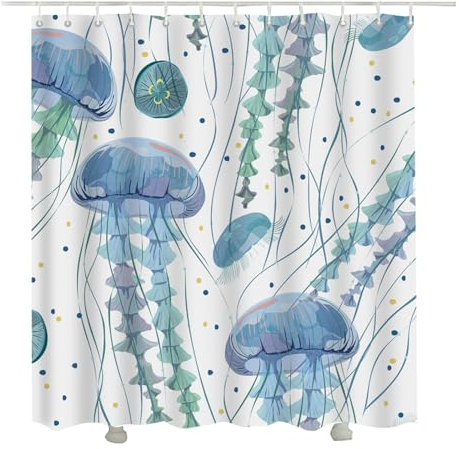 Olikked Quallen-Duschvorhang-Set, Ozean-Kreatur, blaues Meer, Jelly, Duschvorhang für Badezimmer, 183 x 183 cm, wasserdichtes Polyestergewebe