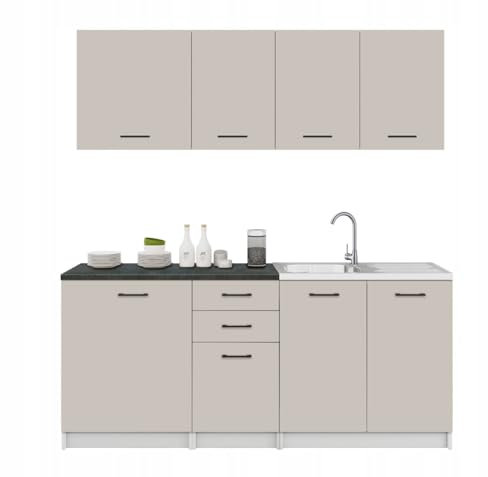 Kaschmir Küchenmöbel Set 180 cm mit Arbeitsplatten District Dark - Komplette, moderne Küchenmöbel zur Selbstmontage - 2 Küchenarbeitsplatten