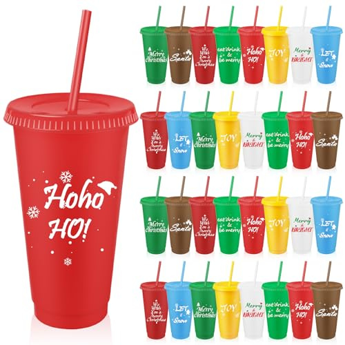 32 Pack Christmas Party Cups, 24 oz Tumbler with Straw and Lid Bulk, Reusable Plastic Cups Iced Coffee Water Cup for Christmas Parties (8 Styles, Assorted Color)