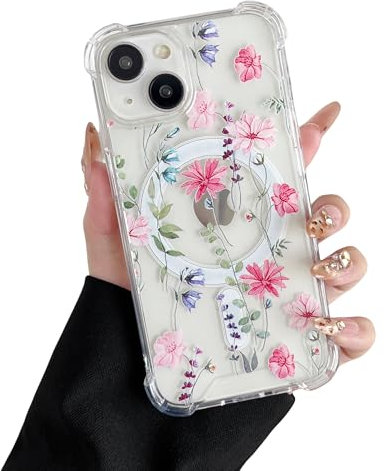 DEFBSC Custodia magnetica per iPhone 15 Plus [compatibile con Magsafe], trasparente con stampa floreale, flessibile, in acrilico, antiurto, per iPhone 15 Plus, rosa cosmo