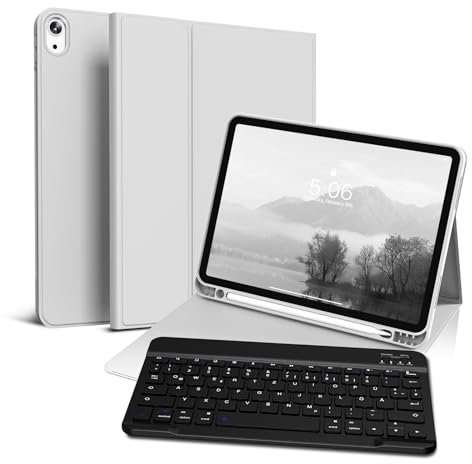 GKABXY Hülle mit Tastatur für iPad Air 11 Zoll M3/M2, iPad Air 7 6 5 4 (2025/2024/2022/2020) 10,9 Zoll, Soft TPU Rückschale mit Stifthalter, Magnetische Bluetooth Tastatur, QWERTZ Layout, Grau