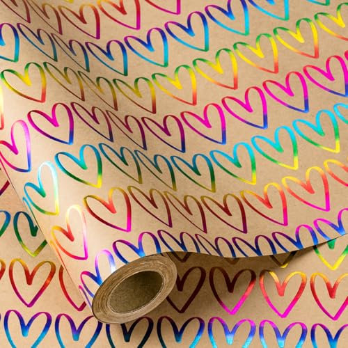 RUSPEPA Buntes Kraftpapier-Geschenkpapier mit Herzen – Lebendiges Herzmuster auf strapazierfähigem Kraftpapier für Geburtstage, Valentinstag und besondere Anlässe – 43,2 cm x 5 m