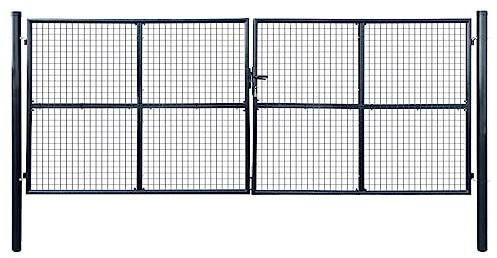 Mesh Gartentor Stabmattenzaun Gartentür Doppelflügeltor Doppeltor Hoftor Flügeltor Einfahrtstor Gartentpforte mit Pfosten, 400x150 cm Grau