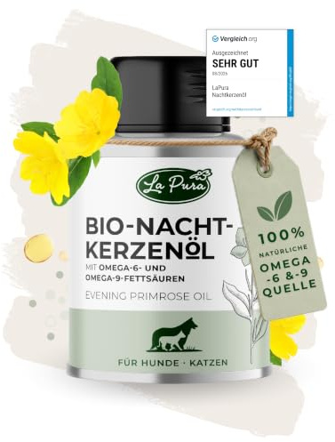 LaPura Nachtkerzenöl Bio für Hunde & Katzen - kaltgepresst, Barf Öl 100 ml | 100 % natürlich, für glänzendes Fell & gesunde Haut, unterstützt das Immunsystem, mit Omega 6 & 9