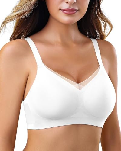 As Fairy Wireless Non-Wired Bra for Women Seamless Push Up with Soft Support Lace V-Neck Mesh Criss-Cross Back Everyday Lounge Yoga Use (White,L)
