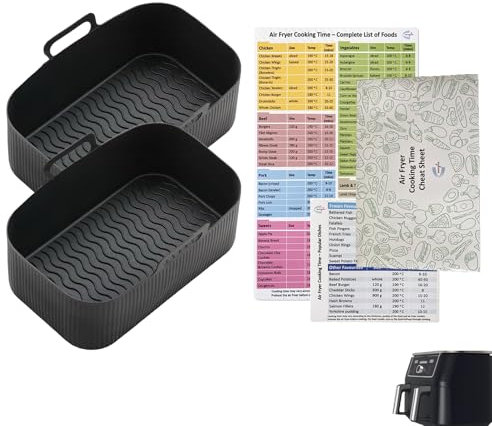 Magla Silicone Air Fryer Liners 2PCS for Ninja Air Fryer AF300UK, AF400UK etc., Airfryer Oven Liner Basket 7.6-9.5L, Including Magnetic Cooking Time Sheet Set. Air Fryer Accessories