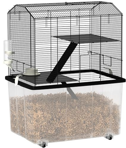 PawHut Hamster Cage, Gerbil Cage 3 Tier with Wheels, Deep Bottom, Ramps, Food Dish, Water Bottle, for Dwarf, Syrian, 57 x 43 x 74cm - Black
