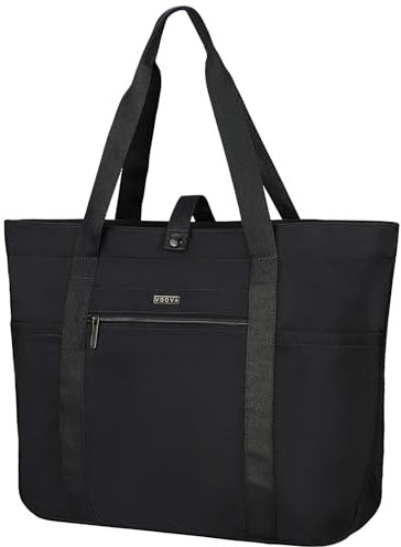 Voova Tote Bag for Women, Waterproof Large Capacity Tote Bag with Zipper, Foldable Shoulder Bag Handbag for Work, Travel, Beach, Gym, School,Black