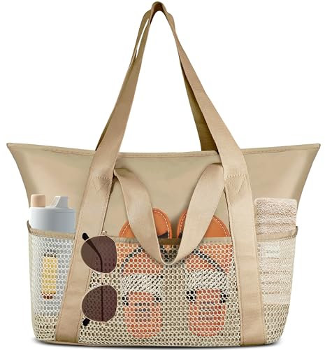 Keyck Strandtasche Damen Beach Tote Bag mit Reißverschluss, Große Wasserdicht Mesh Badetasche Familie Faltbar Saunatasche Handtasche Gross Umhängetasche für Strand Reisen Pool Urlaub, Beige