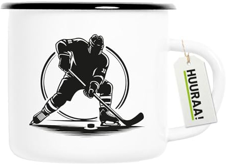 Huuraa Emaille Tasse Eishockey Hockey Geschenk | 300ml Becher Weiß mit Schwarzem Rand Vintage Campingbecher Geschenkidee Kaffeetasse als Wohnwagen Zubehör Campingtasse