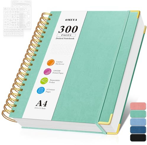 Notizblock, Notizbuch A4 Gepunktetes, Bullet Dotted Journal, Notizbücher mit 300 Seiten, 120GSM, Hardcover Leder spiralbindung Dot Journal für Frauen und Männer,Großes Notizbuch für Arbeit Büro Schule