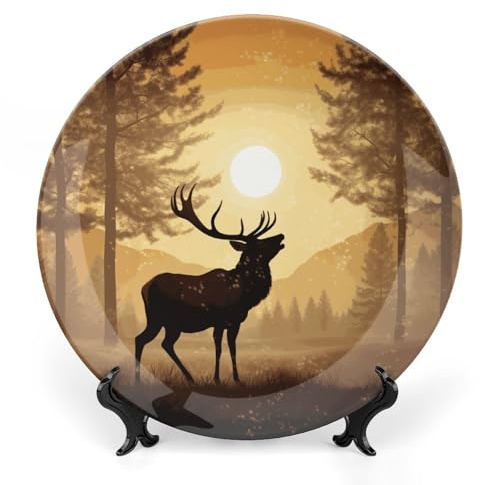 LYDSKGEQ Personalized Elk Artwork Printing Bone China Decorative Plate, Bone China with Stand, Porcelain Hanging, Dessert Plate, Wall Mounted Home Decor