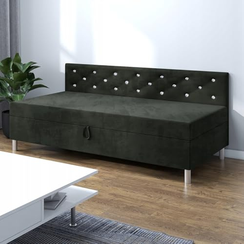 TAPCZANY24 - Boxspringbett Princess+, Bett mit Matratze 85 cm Breite | Polsterbett mit Bettkasten, Taschenfederkernmatratze, Einzel Bed mit Veloursbezug, Komfortabel Bette - Velour Schwarz