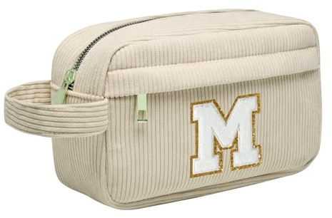 Personalisierte Initialen Make-up-Tasche, Cord-Kosmetiktasche Reise Kulturbeutel mit MetallReißverschluss Tragbare Schminktasche Damen, Geburtstagsgeschenk für Frau Mädchen Beige M