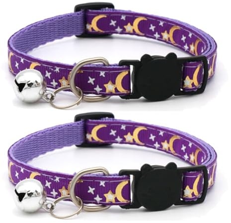 Sicherheits-Katzenhalsbänder, Schnellverschluss mit Glocke und reflektierenden Katzenhalsbändern mit Glöckchen, Violett, 2 Stück