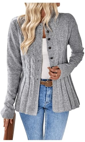 GORGLITTER Women's Cable Knit Long Sleeve Button Down Cardigans Crewneck Chunky Knit Trendy Fall Jumper Jackets Cozy Cardigans Grey XL