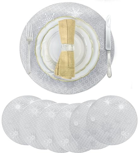 Set de Table Rond Noël, 6 Pièces Dessous Assiette de Table Noel, Sets Tables Flocons de Neige, Set de Tables Lavable PVC Antidérapant Napperon Rond pour Décoration de Table de Noël (B-6pcs)