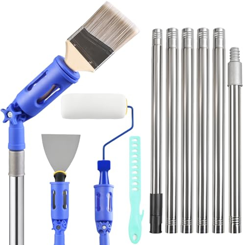 Gemsaya Multi-Angle Paint Brush Extension Pole Set, 1.8m Paint Roller Extension Pole + 6 Paint Roller + Paint Brush + Rotating Head + Scraper, Universal Extendable Rollers Set for Walls Ceiling
