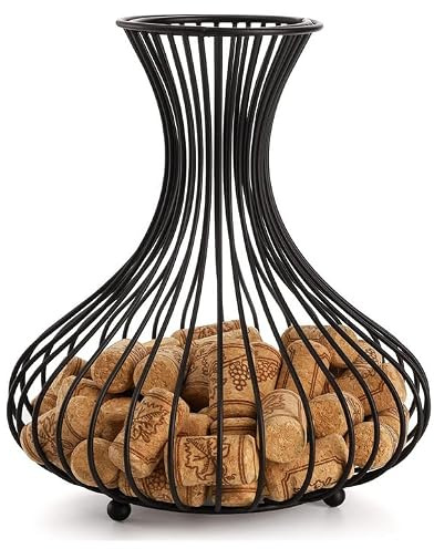 Decorative Black Metal Wine Collector Vase - Modern Design - 23 cm Height, Amphora Style Display - Holds 150 Stoppers