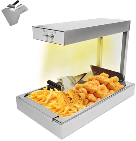 Armanyya Puente térmico calentador de alimentos 56 x 33 x 46,5 cm, calentador eléctrico de patatas fritas con pala, potencia de 750 W, temperatura máxima de 80 °C, acero inoxidable, manejo con un solo