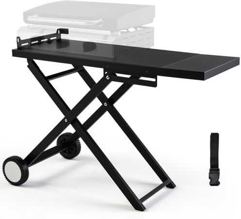 LIFERUN Carrello Barbecue Pieghevole con Ripiano Staccabile, 102x39cm Supporto Portatile con 2 Ruote, Tavolo Stabile per BBQ, per Esterno da Campeggio, Picnic e Giardino, Montaggio Facile, Nero