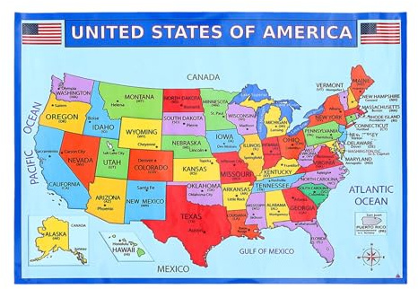 VINTORKY Großes Amerika Kartenposter 50X35cm Laminierte Usa Karte mit Bundesstaaten Pädagogisches Poster für Homeschooling und Klassenzimmer