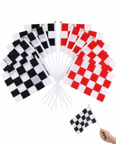FAKZEP 12 Drapeaux de Course à Damier F1 14x21cm avec Tige (6 Noir-Blanc, 6 Rouge-Blanc) en Polyester, Petit Drapeau Voiture pour Décoration Fête Thème Auto Moto