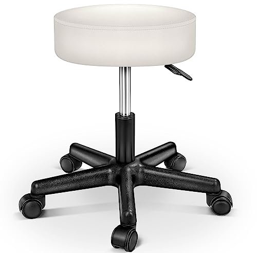 TRESKO Rollhocker höhenverstellbar Beige | Drehhocker 10 cm Dicke Polsterung | Arbeitshocker 360° drehbar | Hocker