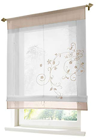 BAILEY JO 1er-Pack Raffrollo mit Tunnelzug Blumen Stickerei Gardinen Transparent Voile Vorhang (BxH 80x120cm, Sand)