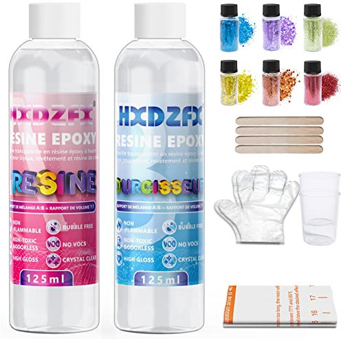 Epoxy Resin 250ml/274g Kit - 1:1 Ratio Crystal Clear Resin Coating for Wood, Bar, Table, Jewelry Making, Craft Decoration, bonus 2 pieces sticks, 2 pair gloves