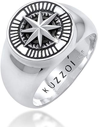Kuzzoi Siegelring Herrenring rund, massiv 15 mm breit in 925 Sterling Silber, schwarz oxidiert mit Kompass Symbol, Ring für Männer in der Ringgröße 60, 0605832820_60