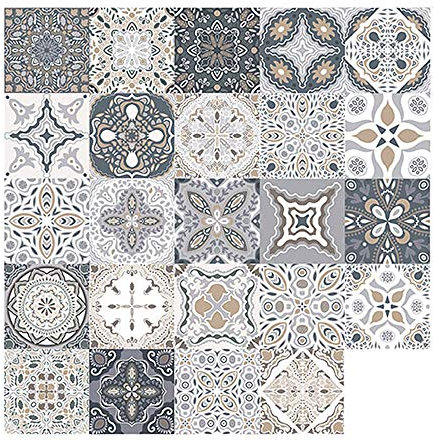 48pcs Tile Stickers, Self Adhesive Waterproof Moroccan Kitchen Bathroom Floor Wall Tile Sticker Mosaic Victorian Retro Style Tile Transfers for Home Decors(48PCS,10 x 10 cm)
