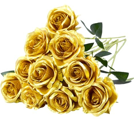 Eternal Blossom 10 rose artificiali in seta da 50 cm, bouquet da sposa per la casa e la decorazione di nozze (oro)