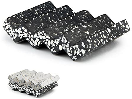 Tapeera Jesmonite Terrazzo Seifenschale – Schnell Trocknend Seifenhalter Seifenbox Seifenablage für Badezimmer Dusche Küche – Seifenhalterung Schwammhalter Stein Optik – Schwar