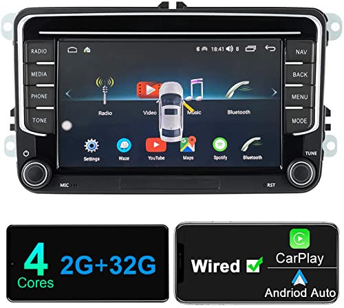 Android Autoradio mit Navi Bildschirm für VW Golf 5 6 Skoda Polo Seat Passat, 7 Zoll Android Auto Carplay Doppel Din Radio, Auto Radio Touch Display Bluetooth RDS GPS Original Rückfahrkamera Decoder