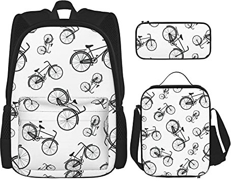 70er Vintage Fahrrad Dreiteiliger Schulrucksack für Mädchen und Jugendliche (Kombination Schulranzen + Federmäppchen + Brotzeitbeutel)