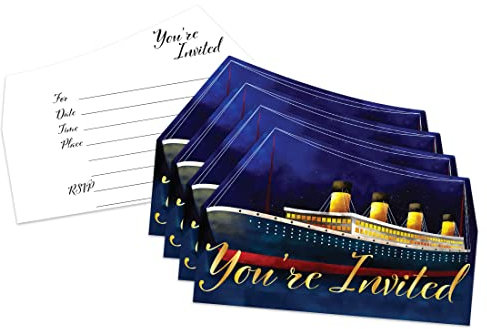 Birthday Galore Titanic Geburtstagsparty-Einladungen mit nautischem Thema für Jungen und Mädchen, 20 Stück, 10,2 x 15,2 cm, doppelseitig, zum Ausfüllen mit Nassverschlüssen