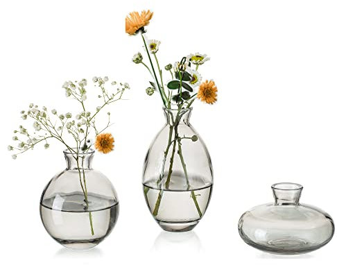EylKoi Kleine Vasen füR Tischdeko Glas 3 Stück/Satz Grau Mini Vase Vintage Handmade Hydroponic Glasvase Blumenvase Modern Set Fuer Hochzeit Tischdeko, Zuhause Wohnzimmer Blumen Rose