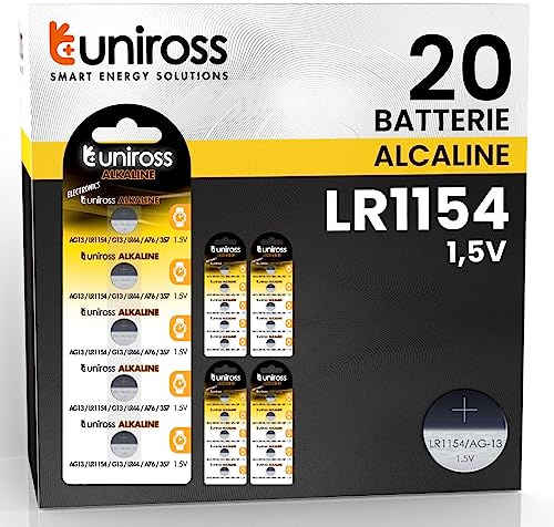 Uniross Alkaline-Batterien, Knopf, AG13, LR1154, LR44, A76, 357 G13, 1,5 V, lange Lebensdauer, bis zu 5 Jahre, ohne Quecksilber und Cadmium, 4 Blisterpackungen mit je 5 Batterien